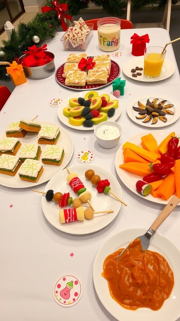 A festive Christmas party table with mini sandwiches, cookies, fruit skewers, and vegetables.